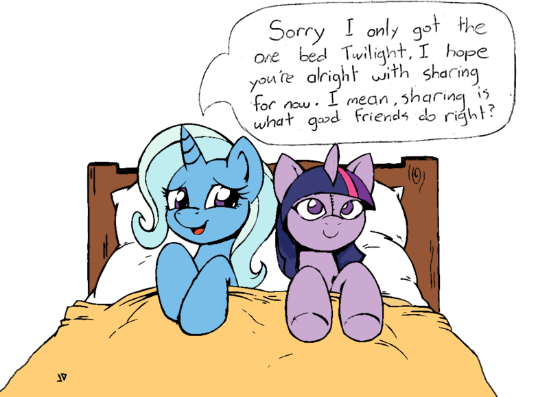 Size: 1113x805 | Tagged: safe, artist:joey darkmeat, derpibooru import, trixie, twilight sparkle, pony, unicorn, bed, dialogue, female, lesbian, mare, plushie, sad, shipping, simple background, transparent background, twidoll, twixie