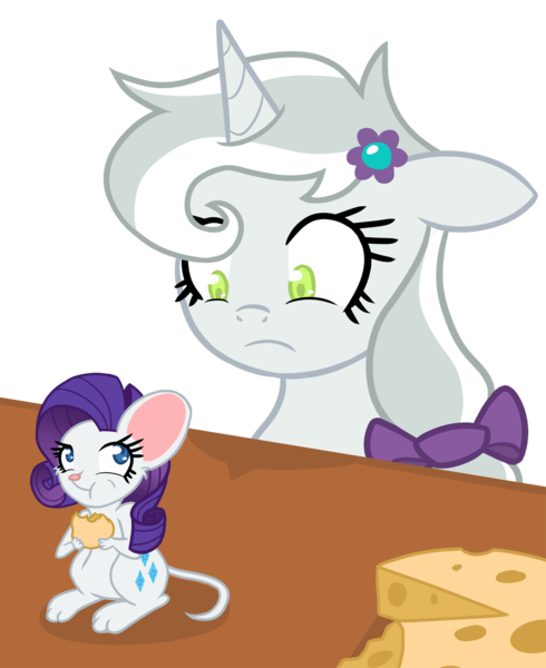 Size: 1200x1468 | Tagged: safe, artist:he4rtofcourage, derpibooru import, opalescence, rarity, ponified, mouse, pony, unicorn, cheese, female, mare, mousified, ponified pony pets, rarimouse, species swap