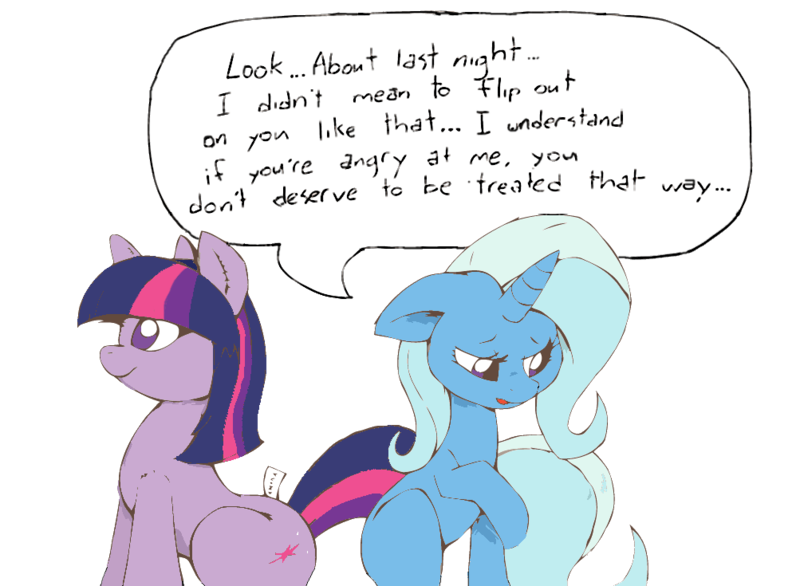 Size: 1003x735 | Tagged: safe, artist:joey darkmeat, derpibooru import, trixie, twilight sparkle, pony, unicorn, dialogue, female, floppy ears, lesbian, mare, plushie, shipping, simple background, transparent background, twidoll, twixie