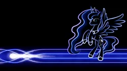 Size: 1920x1080 | Tagged: safe, artist:smockhobbes, derpibooru import, princess luna, alicorn, pony, black background, comet, cutie mark, female, glow, hooves, horn, jewelry, lineart, lines, mare, minimalist, modern art, neon, photoshop, raised leg, rearing, regalia, shooting star, simple background, solo, spread wings, tiara, wallpaper, wings