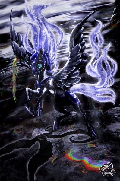 Size: 994x1500 | Tagged: dead source, safe, artist:miradge, artist:tamisery, derpibooru import, nightmare moon, alicorn, pony, colored, female, magic, mare, photoshop, rearing, solo