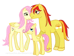 Size: 865x650 | Tagged: safe, artist:cartoonlion, derpibooru import, fluttershy, posey, sunburst (g1), earth pony, pegasus, pony, family, female, filly, filly fluttershy, foal, g1, g1 to g4, generation leap, male, mare, parent, race swap, shipping, simple background, stallion, straight, sunposey, transparent background, wings, younger