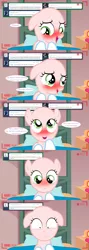Size: 1280x3597 | Tagged: safe, artist:jan, derpibooru import, sweetie belle, earth pony, pony, ask the crusaders, vocational death cruise, bed, blushing, earth pony sweetie belle, female, filly, floppy ears, race swap, solo, sweetie bald, sweetie blush