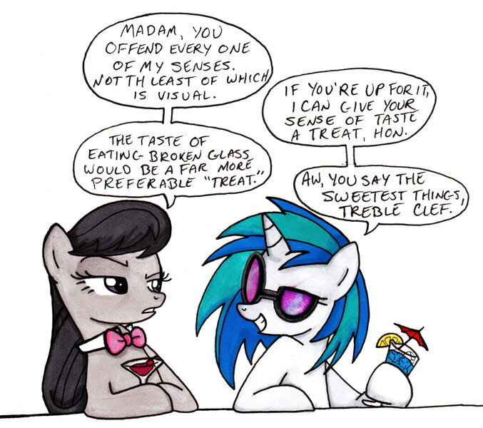 Size: 1814x1608 | Tagged: safe, artist:thedarklordkeisha, derpibooru import, octavia melody, vinyl scratch, earth pony, pony, unicorn, alcohol, bowtie, description at source, drink, female, flirting, food, glass, lemon, lesbian, mare, scratchtavia, shipping, tsundere, wine, wine glass