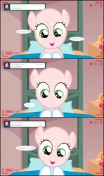 Size: 1290x2180 | Tagged: safe, artist:jan, derpibooru import, sweetie belle, earth pony, pony, ask the crusaders, vocational death cruise, bed, earth pony sweetie belle, female, filly, race swap, smiling, solo, sweetie bald