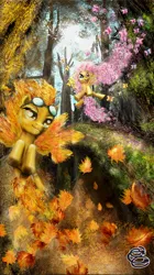 Size: 1008x1800 | Tagged: dead source, safe, artist:miradge, derpibooru import, fluttershy, spitfire, butterfly, pegasus, pony, female, forest, goggles, leaf, mare, wings