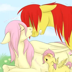 Size: 1280x1280 | Tagged: dead source, safe, artist:cartoonlion, derpibooru import, fluttershy, posey, sunburst (g1), earth pony, pegasus, pony, comforting, crying, drool, dying, eyes closed, family, female, filly, filly fluttershy, floppy ears, foal, g1, g1 to g4, generation leap, gritted teeth, hair over eyes, hidden eyes, male, mare, nuzzling, open mouth, prone, race swap, sad, shipping, snot, stallion, straight, sunposey, teeth, wings