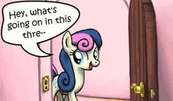 Size: 500x292 | Tagged: safe, artist:myminiatureequine, derpibooru import, bon bon, sweetie drops, earth pony, pony, ..., abandon thread, animated, dialogue, door, female, gif, mare, reaction image, smiling, solo, standing, what's going on in this thread