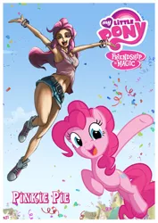 Size: 1024x1448 | Tagged: safe, artist:irving-zero, derpibooru import, pinkie pie, earth pony, human, pony, 2010-17 mlp logo, 2010s, 2012, airborne, armpits, arms in the air, belly button, belt, blue eyes, clothes, confetti, converse, daisy dukes, denim shorts, female, happy, human ponidox, humanized, jumping, looking at you, mare, midriff, my little pony logo, open mouth, pink fur, pink hair, pink mane, ponyville, self ponidox, shoes, shorts, smiling, sneakers, socks, solo, sunny day, tanktop