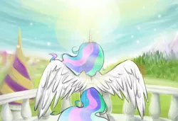 Size: 1900x1300 | Tagged: safe, artist:hahasauce, derpibooru import, princess celestia, alicorn, pony, balcony, crepuscular rays, female, mare, rear view, solo, spread wings, sun, wings