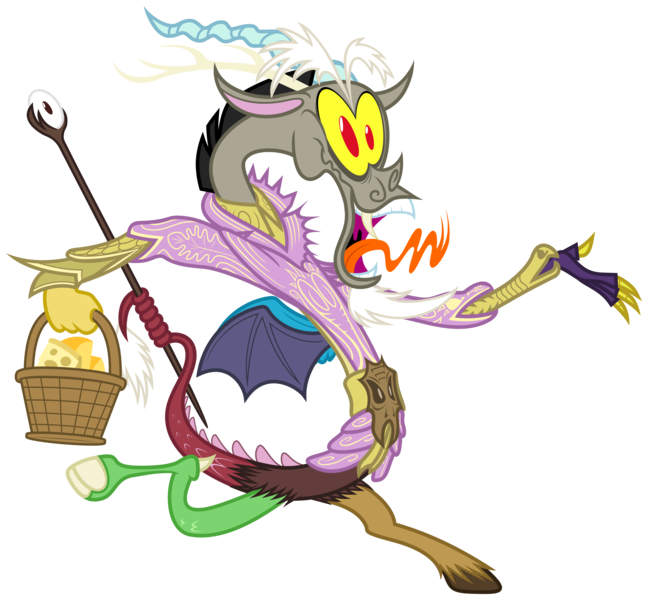 Size: 5000x4629 | Tagged: safe, artist:zutheskunk, derpibooru import, discord, draconequus, absurd resolution, basket, cheese, clothes, crossover, male, open mouth, scepter, sheogorath, simple background, solo, tail hold, the elder scrolls, transparent background, vector
