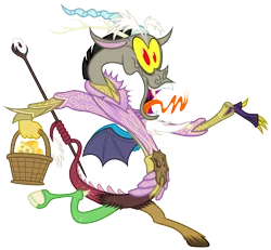 Size: 5000x4629 | Tagged: safe, artist:zutheskunk, derpibooru import, discord, draconequus, absurd resolution, basket, cheese, clothes, crossover, male, open mouth, scepter, sheogorath, simple background, solo, tail hold, the elder scrolls, transparent background, vector