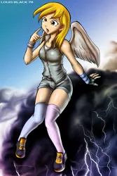 Size: 1601x2400 | Tagged: artist:louisblack78, derpibooru import, derpy hooves, female, human, humanized, safe, sitting, solo, stormcloud, winged humanization, wings