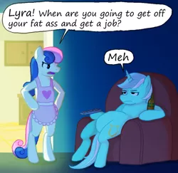 Size: 700x681 | Tagged: safe, artist:cartoonlion, derpibooru import, bon bon, lyra heartstrings, sweetie drops, earth pony, pony, unicorn, apron, armchair, beer, bipedal, bon bon is not amused, chair, clothes, couch, couch potato, female, get a job, housewife, lazy, mare, meh, remote, sitting, slouching