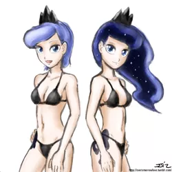 Size: 850x850 | Tagged: artist:johnjoseco, artist:michos, bikini, black swimsuit, breasts, cleavage, clothes, colored, color edit, cutie mark on human, derpibooru import, edit, female, human, humanized, princess luna, s1 luna, safe, self paradox, skinny, swimsuit, the fun has been doubled