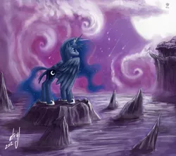Size: 1857x1650 | Tagged: safe, artist:atryl, derpibooru import, derpy hooves, pinkie pie, princess celestia, princess luna, alicorn, earth pony, pegasus, pony, balloon, cloud, cloudy, female, floating, mare, moon, night, rock, scenery, shooting star, sky, spread wings, stars, then watch her balloons lift her up to the sky, water