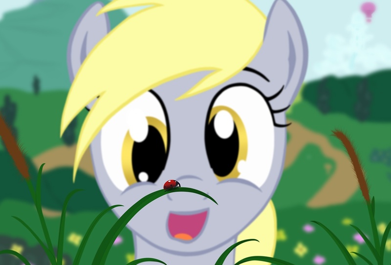 Size: 1259x855 | Tagged: safe, artist:da-andi, derpibooru import, derpy hooves, ladybug, pegasus, pony, female, grass, happy, mare, open mouth, solo
