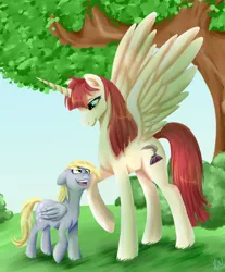 Size: 744x900 | Tagged: safe, artist:sketchride, derpibooru import, derpy hooves, oc, oc:fausticorn, alicorn, pegasus, pony, alicorn oc, duo, female, lauren faust, mare, nuzzling, tree