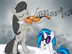 Size: 1400x1050 | Tagged: safe, artist:lostwolfen, derpibooru import, octavia melody, vinyl scratch, earth pony, pony, unicorn, bipedal, comic, duo, eyes closed, female, mare, music, music notes, violin