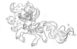Size: 900x573 | Tagged: safe, artist:lauren faust, derpibooru import, rarity, pony, unicorn, behind the scenes, bridle, color me, concept art, female, flower, flower in hair, flower in tail, grayscale, lineart, mare, monochrome, saddle, simple background, sketch, solo, traditional art, what could have been, white background