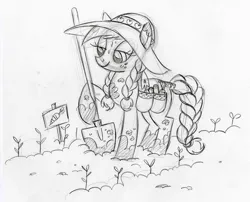 Size: 900x726 | Tagged: safe, artist:lauren faust, derpibooru import, applejack, earth pony, pony, alternate hairstyle, behind the scenes, braid, braided tail, color me, concept art, female, gardening, hat, lineart, mare, monochrome, shovel, sketch, solo, sweat