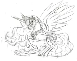 Size: 900x714 | Tagged: safe, artist:lauren faust, derpibooru import, princess celestia, alicorn, pony, behind the scenes, cloven hooves, color me, concept art, female, lineart, mare, monochrome, rearing, sketch, solo, spread wings, wings