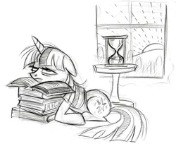 Size: 900x746 | Tagged: safe, artist:lauren faust, derpibooru import, twilight sparkle, pony, unicorn, bags under eyes, behind the scenes, book, color me, concept art, dawn, female, floppy ears, hourglass, lineart, mare, morning ponies, prone, sketch, solo, tired, window