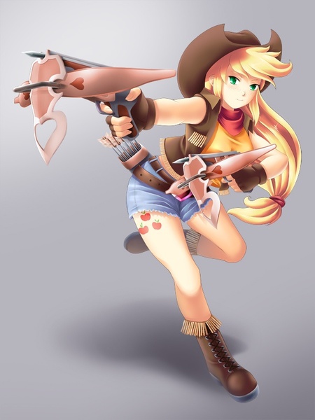 Size: 600x800 | Tagged: safe, artist:yatonokami, derpibooru import, applejack, human, apple, archer, belt, blonde hair, blue bottomwear, boots, brown handwear, clothes, commission, cowboy boots, cowboy hat, cowgirl, crossbow, denim shorts, fantasy class, female, fingerless gloves, food, freckles, gloves, gradient background, green eyes, happy, hat, humanized, image, jpeg, ponytail, shoes, shorts, smiling, solo, solo female, tomboy, weapon, wip