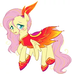 Size: 598x616 | Tagged: safe, artist:clovercoin, derpibooru import, fluttershy, pegasus, pony, blushing, clothes, dress, feather, female, mare, phoenix dress, shoes, simple background, solo, white background
