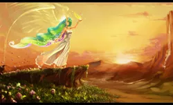 Size: 1440x873 | Tagged: artist:quizzicalkisses, barefoot, butterfly, clothes, derpibooru import, dress, feet, female, fire, flower, human, humanized, magic, off shoulder, princess celestia, safe, scenery, smiling, solo, spread wings, sun, sunrise, winged humanization