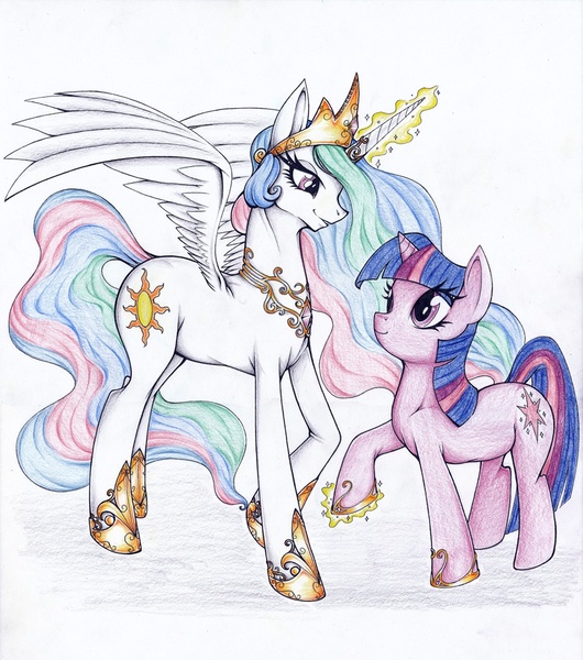 Size: 869x984 | Tagged: safe, artist:longinius, derpibooru import, princess celestia, twilight sparkle, alicorn, pony, unicorn, duo, female, magic, mare, traditional art