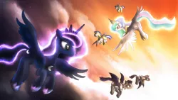 Size: 1920x1080 | Tagged: safe, artist:fongsaunder, derpibooru import, princess celestia, princess luna, alicorn, bat pony, pegasus, pony, cloud, female, flying, male, mare, night guard, royal guard, sky, smiling, stallion, wallpaper