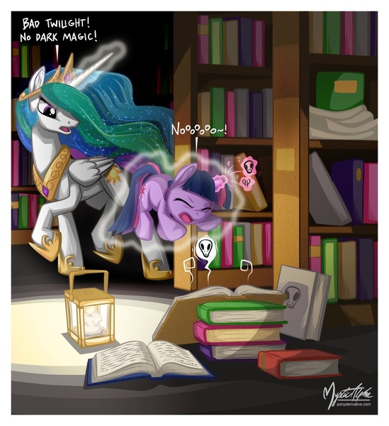 Size: 1052x1149 | Tagged: safe, artist:mysticalpha, derpibooru import, princess celestia, twilight sparkle, alicorn, pony, unicorn, angry, book, bookshelf, candle, cute, dark, dark magic, duo, eyes closed, female, filly, filly twilight sparkle, frown, glare, heartbreak, hilarious in hindsight, image, imminent punishment, imminent spanking, jpeg, lantern, library, magic, mare, open mouth, pictogram, punishment, raised hoof, raised leg, scolding, skull, telekinesis, younger