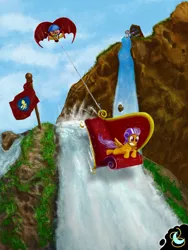 Size: 1500x2000 | Tagged: safe, artist:miradge, derpibooru import, apple bloom, scootaloo, sweetie belle, earth pony, pegasus, pony, unicorn, couch, cutie mark crusaders, fainting couch, female, filly, flag, hang gliding, in the distance, scenery, vertigo, waterfall