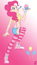 Size: 576x1022 | Tagged: artist:omgitseevee, belly button, bracelet, clothes, converse, cupcake, derpibooru import, female, food, gradient background, human, humanized, jewelry, midriff, pinkie pie, safe, shoes, skinny, sneakers, socks, striped socks