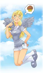 Size: 513x858 | Tagged: 2010s, 2012, ambiguous race, artist:zoe-productions, blushing, bubble, chocolate, clothes, colored pupils, cute, denim shorts, derpibooru import, derpy hooves, female, flying, hand on hip, happy, human, humanized, knee high socks, kneesocks, muffin, safe, shirt, shorts, silly, sky, smiling, socks, solo, tomboy, t-shirt, uniform, winged humanization, wings, yellow eyes, yellow hair