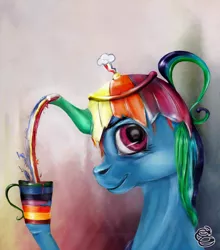Size: 1100x1250 | Tagged: safe, artist:miradge, derpibooru import, rainbow dash, pony, abstract background, female, mare, not salmon, solo, surreal, tea, teapot, wat, weird