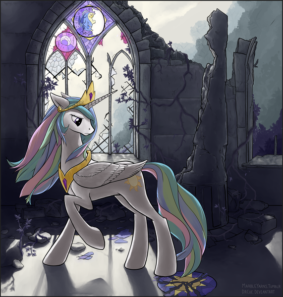 Size: 1644x1729 | Tagged: safe, artist:marbleyarns, derpibooru import, princess celestia, alicorn, pony, castle of the royal pony sisters, female, looking back, mare, raised hoof, ruins, sad, solo