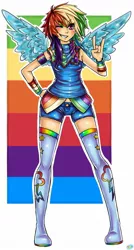 Size: 738x1376 | Tagged: 2010s, 2012, abstract background, ambiguous race, artist:ron-nie, boots, clothes, confident, denim shorts, derpibooru import, devil horn (gesture), female, hand on hip, human, humanized, multicolored hair, one eye closed, rainbow dash, rainbow hair, safe, shorts, smiling, smirk, solo, tanktop, thigh boots, thigh highs, tomboy, winged humanization, wings, wink