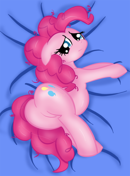 Size: 664x900 | Tagged: suggestive, artist:rayodragon, derpibooru import, pinkie pie, earth pony, pony, balloonbutt, bed, featureless crotch, female, floppy ears, mare, overhead view, plot, pregnant, side, solo, solo female