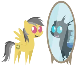 Size: 4993x4306 | Tagged: safe, artist:zutheskunk, derpibooru import, daring do, oc, oc:mirror match, changeling, pegasus, pony, fanfic, absurd resolution, female, mare, mirror, no pupils, pointy ponies, simple background, smoke and mirrors, transparent background
