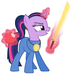 Size: 4852x4994 | Tagged: safe, artist:zutheskunk traces, derpibooru import, twilight sparkle, pony, unicorn, absurd resolution, alternate hairstyle, crossover, female, grin, lba, levitation, lidded eyes, little big adventure, magic, mare, medal, necklace, ponytail, simple background, smiling, solo, sword, telekinesis, transparent background, twinsen, vector, vector trace, weapon