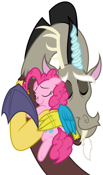 Size: 2943x4996 | Tagged: safe, artist:mickeymonster, artist:zutheskunk traces, derpibooru import, discord, pinkie pie, draconequus, earth pony, pony, chest fluff, cute, diapinkes, discopie, discute, eyes closed, female, floppy ears, happy, hug, male, mare, shipping, simple background, smiling, straight, transparent background, vector, vector trace