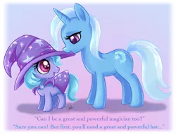 Size: 700x532 | Tagged: safe, artist:metalpandora, derpibooru import, trixie, oc, unnamed oc, pony, unicorn, cute, duo, duo female, female, filly, mare, mouth hold