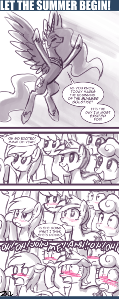 Size: 550x1375 | Tagged: suggestive, artist:johnjoseco, derpibooru import, lyra heartstrings, princess celestia, alicorn, pegasus, pony, unicorn, ask princess molestia, princess molestia, blushing, comic, female, implied masturbation, mare, monochrome, princess, summer solstice