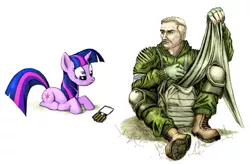 Size: 1280x839 | Tagged: artist needed, safe, derpibooru import, twilight sparkle, human, pony, unicorn, crossover, duo, female, frown, human male, looking at something, male, mare, prone, s.t.a.l.k.e.r., simple background, sitting, unicorn twilight, white background