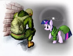 Size: 1280x988 | Tagged: artist needed, safe, derpibooru import, twilight sparkle, human, pony, unicorn, clothes, crossover, duo, female, male, mare, s.t.a.l.k.e.r., unicorn twilight