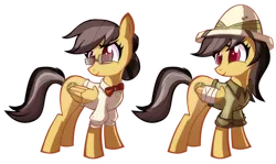 Size: 1312x782 | Tagged: safe, artist:ric-m, derpibooru import, daring do, pegasus, pony, alternate hairstyle, bandage, bowtie, clothes, comparison, cute, female, glasses, hat, indiana jones, injured, mare, parody, pith helmet, professor, raised eyebrow, shirt, simple background, smiling, solo, transparent background