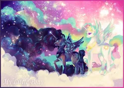 Size: 1900x1344 | Tagged: safe, artist:masakohime, derpibooru import, princess celestia, princess luna, alicorn, pony, cloud, cloudy, contrast, duo, duo female, ethereal mane, eyes closed, female, long mane, magic, mare, sisters