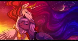 Size: 1050x560 | Tagged: safe, artist:heilos, derpibooru import, princess celestia, princess luna, alicorn, pony, :t, alternate hair color, crescent moon, crying, duality, duo, duo female, ethereal mane, eyes closed, eyeshadow, female, floppy ears, gradient mane, happy, heart, jewelry, makeup, mare, moon, neck nuzzle, night, nuzzling, peytral, red mane, s1 luna, sisters, sitting, smiling, snuggling, sparkles, starry mane, stars, sunset, tears of joy, tiara, wing fluff